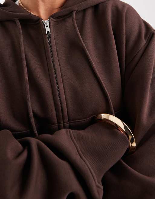 ASOS DESIGN - Cropped brushback hoodie met ritssluiting in chocoladebruin, 3 van 4