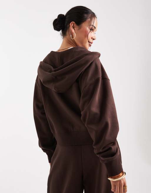 ASOS DESIGN - Cropped brushback hoodie met ritssluiting in chocoladebruin, 4 van 4
