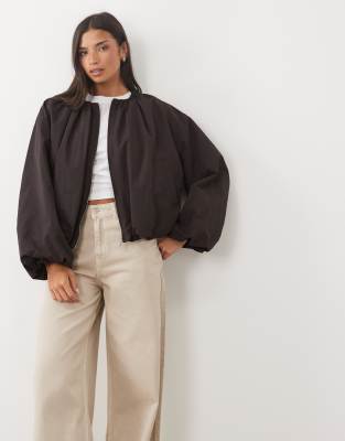 Asos Design Cropped Bubble Hem Nylon Bomber Jacket In Brown