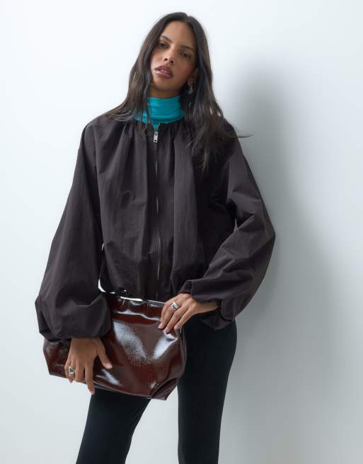 ASOS DESIGN cropped bubble hem nylon bomber jacket in chocolate, 2 of 4