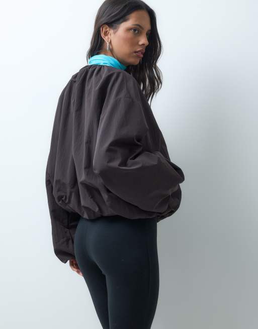 ASOS DESIGN cropped bubble hem nylon bomber jacket in chocolate, 4 of 4