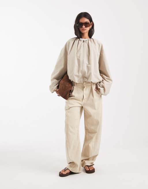 ASOS DESIGN cropped bubble hem nylon bomber jacket in oatmeal, 2 of 4