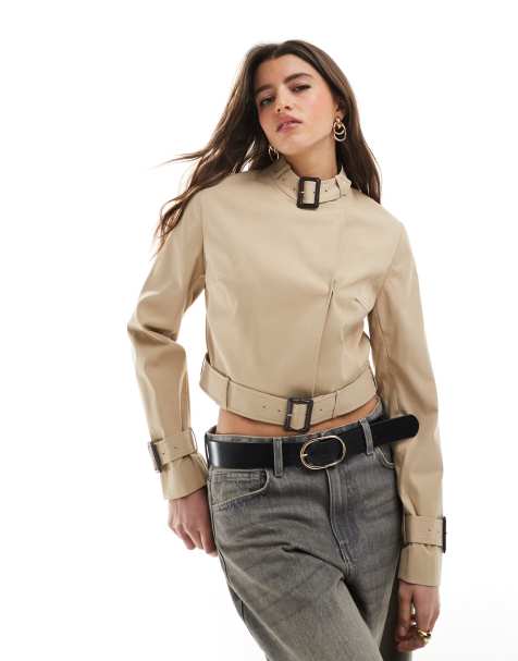 ASOS DESIGN cropped buckle belt trench coat in stone - view 1