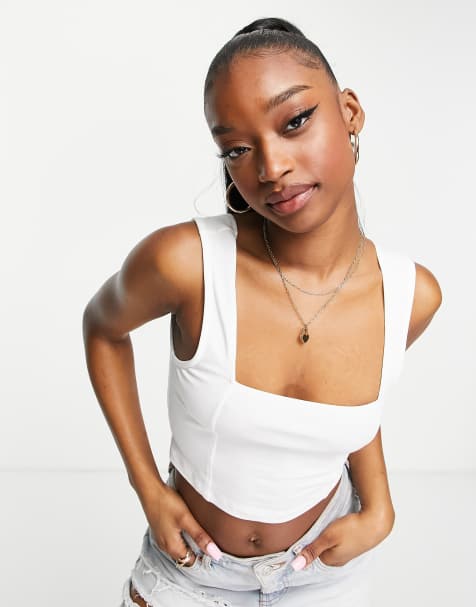 ASOS DESIGN - Cropped cami-top met vierkante hals en siernaden in wit - view 1