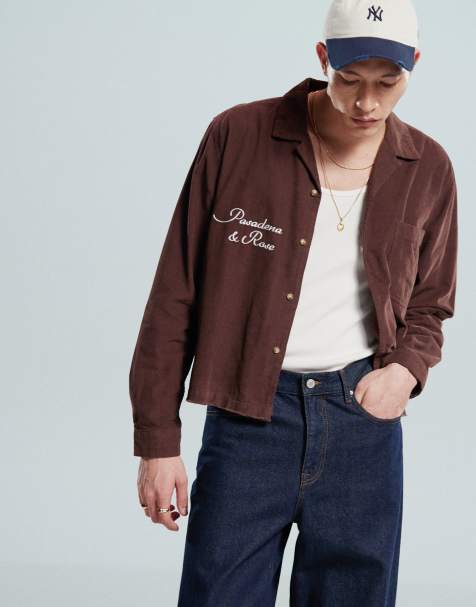 ASOS DESIGN cropped camp collar corduroy shirt with chest embroidery in brown - view 1
