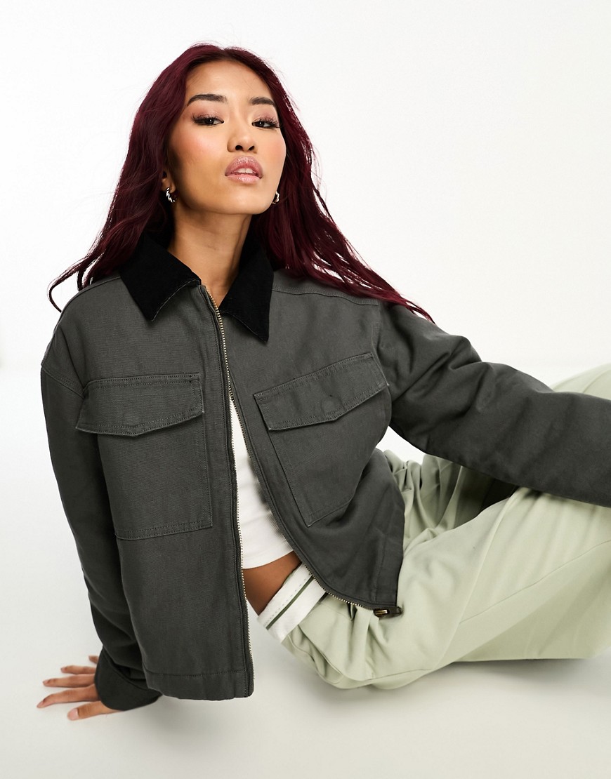 Asos Design Cropped Canvas Jacket In Charcoal-gray