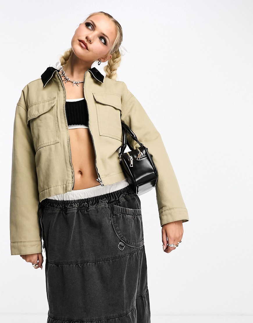 ASOS DESIGN cropped canvas jacket in oat-Neutral