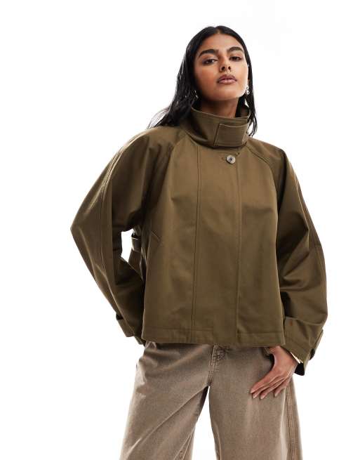 ASOS DESIGN cropped cape detail trench coat in khaki