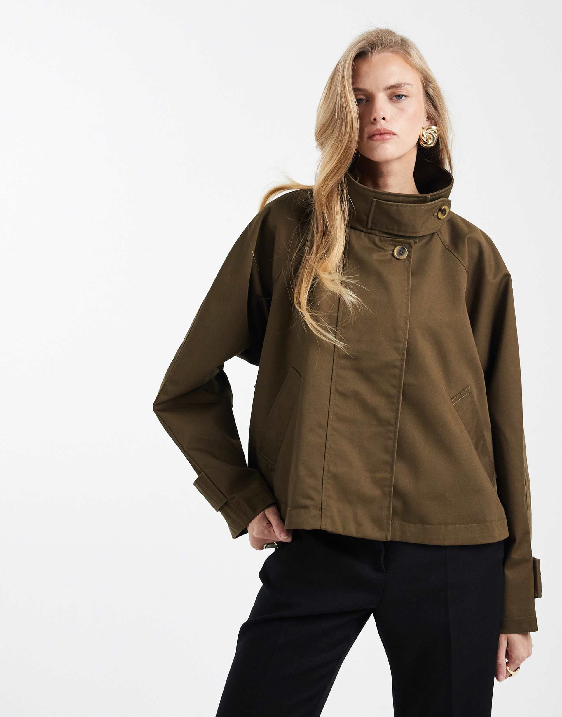 asos design cropped cape detail trench coat in khaki