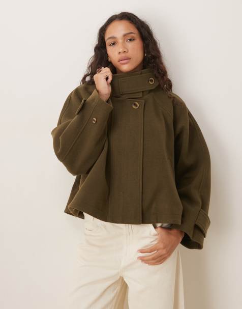 ASOS DESIGN cropped cape formal coat in olive - view 1