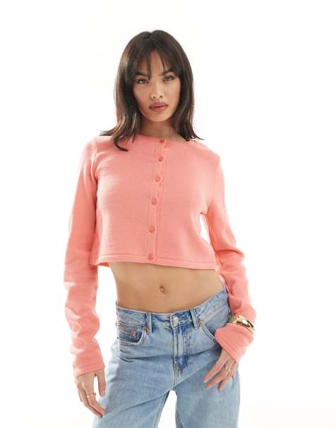 ASOS DESIGN - Cropped cardigan med rund hals i ferskenfarvet strik - view 1