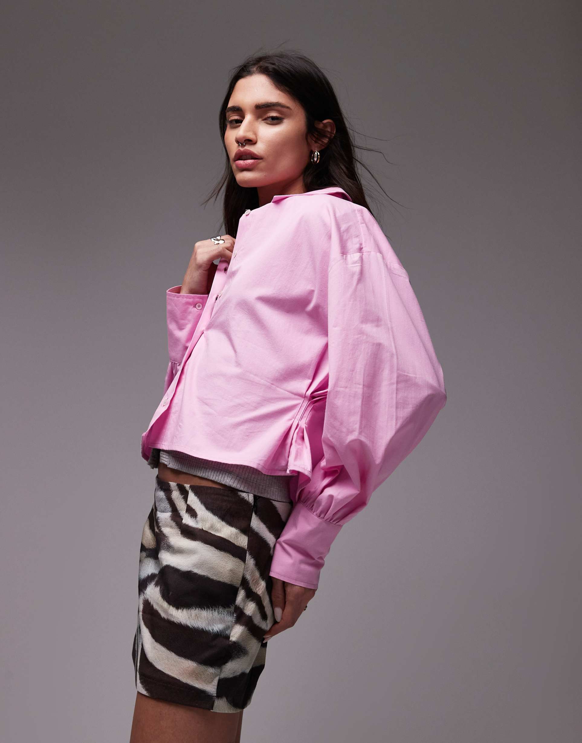 asos design cropped cinch waist shirt in pink - part of a set