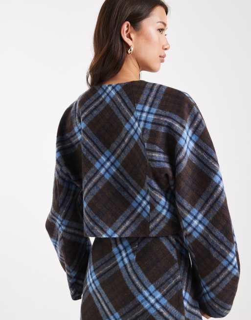 ASOS DESIGN cropped cocoon sleeve blazer co-ord in brushed brown & blue check, 4 of 4