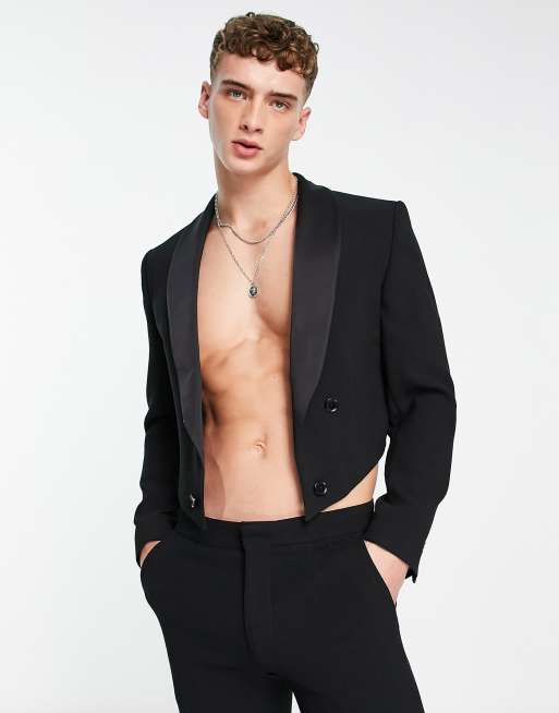 ASOS DESIGN - Cropped colbert met contrasterende satijnen revers in zwart