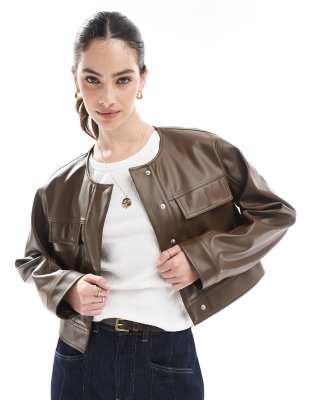 cropped collarless leather look jacket in chocolate-No color