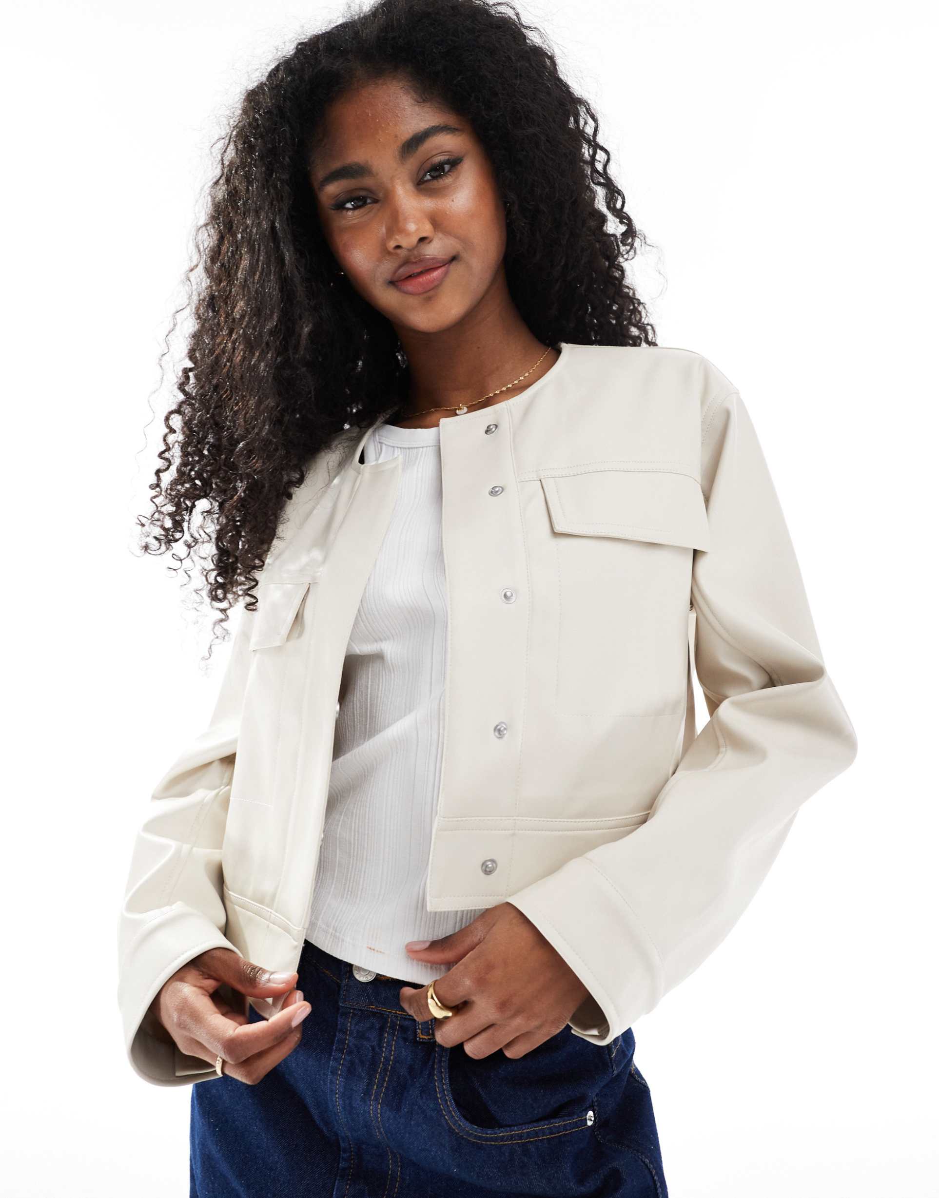 asos design cropped collarless leather look jacket in cream