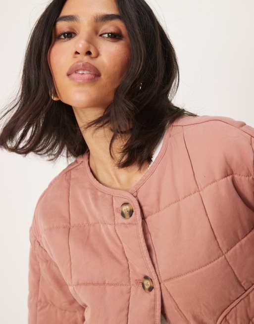 ASOS DESIGN crop collarless quilted jacket in dusty rose