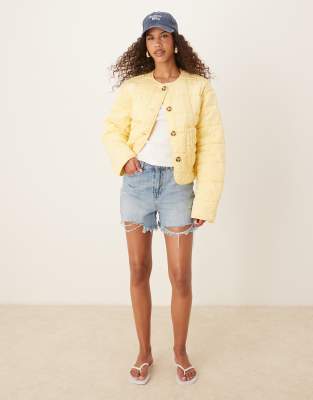 Asos Design Cropped Collarless Quilted Jacket In Yellow
