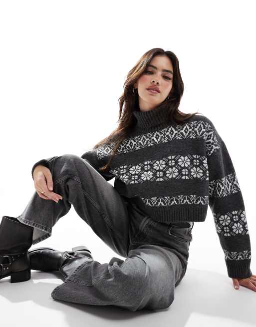 ASOS DESIGN - Cropped coltrui met Fair Isle-strepen in grijs en wit