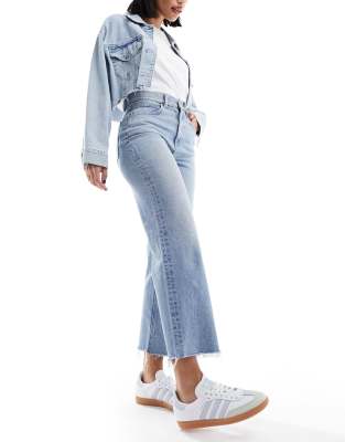 ASOS DESIGN cropped comfort stretch straight leg jean in light mid blue