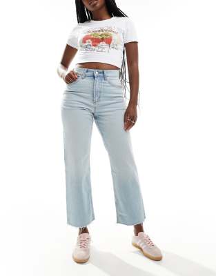 ASOS DESIGN cropped comfort stretch straight leg jean in tinted bleach wash-Blue