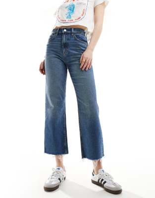 cropped comfort stretch straight leg jeans in dark mid blue