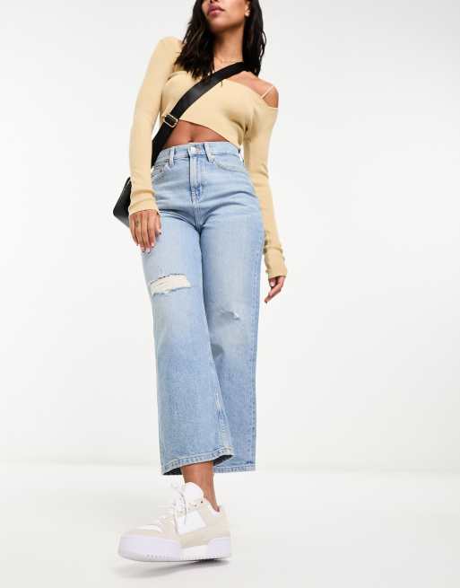 ASOS DESIGN cropped comfort stretch straight leg jeans in light blue with rips