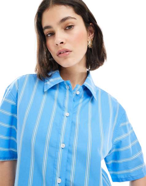 ASOS DESIGN cropped cotton poplin shirt with contrast stripe sleeve - view 1