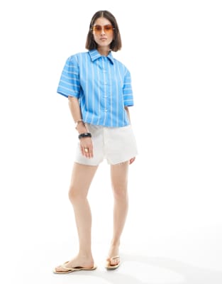 Asos Design Cropped Cotton Poplin Shirt With Contrast Striped Sleeves-multi In Blue