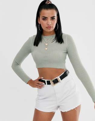 ASOS DESIGN cropped crew neck ribbed jumper-Green