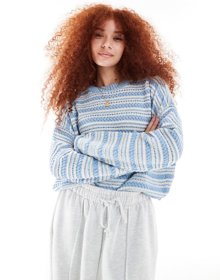 Asos Design Cropped Crew Neck Stitch Sweater In Blue Stripe