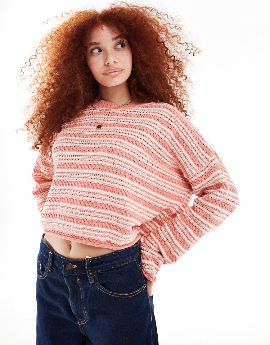 Asos Design Cropped Crew Neck Stitch Sweater In Peach Stripe-orange