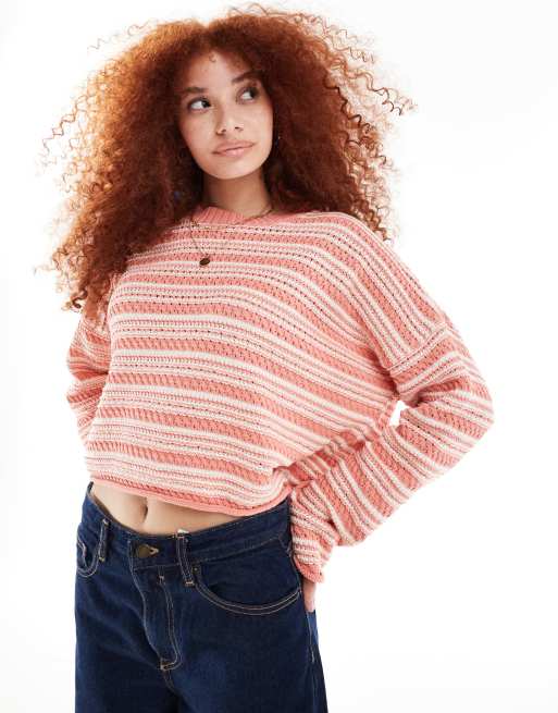 ASOS DESIGN cropped crew neck stitch sweater in peach stripe | ASOS