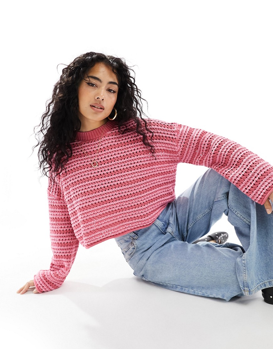 cropped crew neck stitch sweater in stripe-Multi