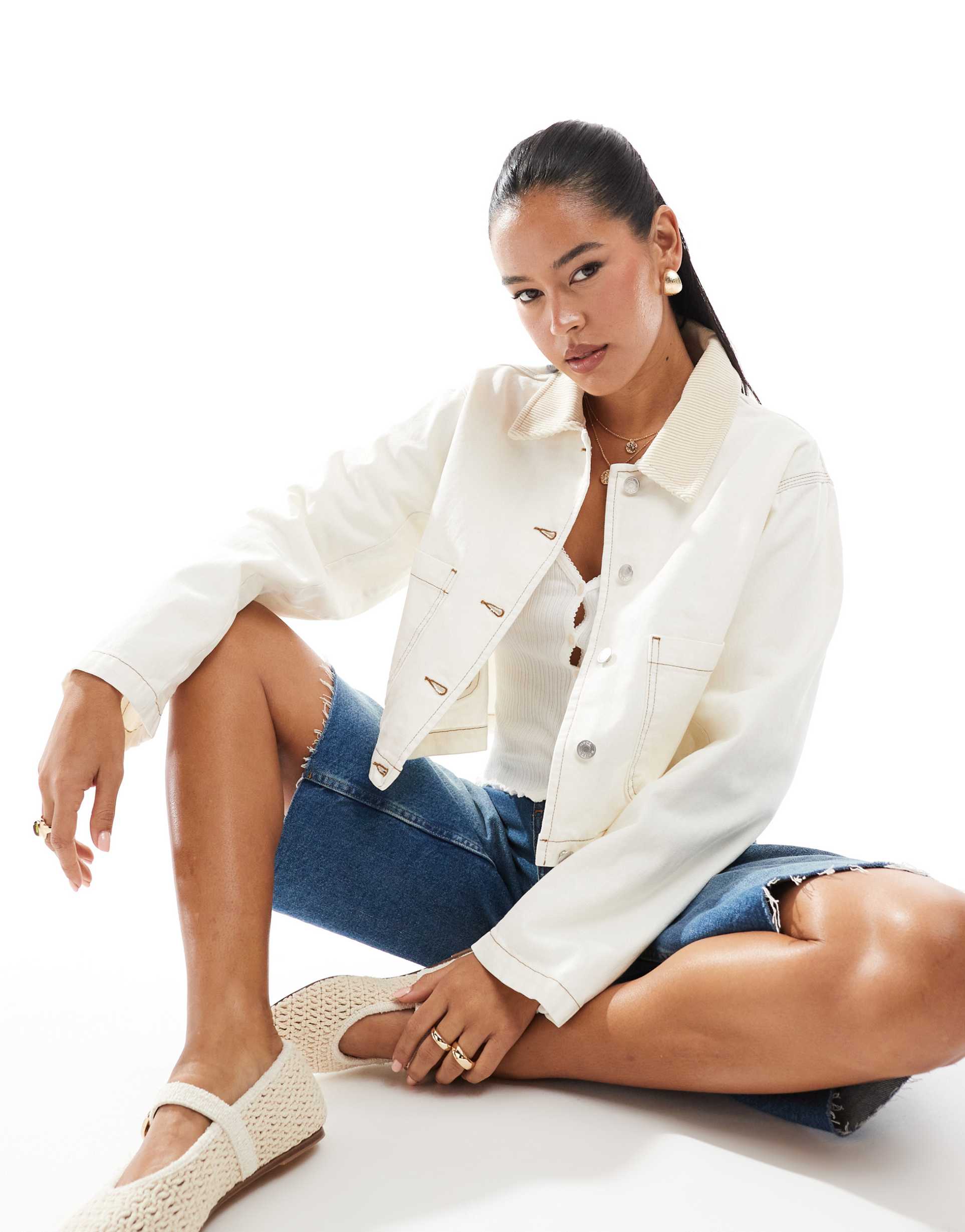asos design cropped denim barn jacket in ecru