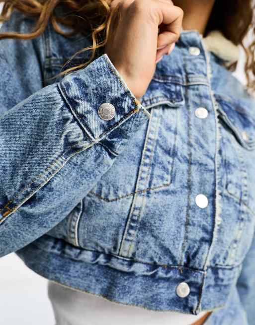 ASOS Denim Jacket With Cut Off Sleeve in Mid Wash