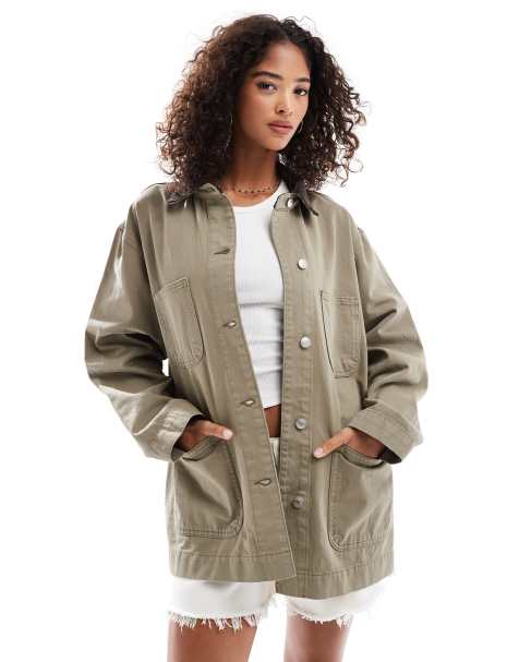 ASOS DESIGN - Cropped denim jack met contrasterende kraag in kaki - view 1