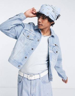 ASOS DESIGN cropped denim jacket in light wash with rips