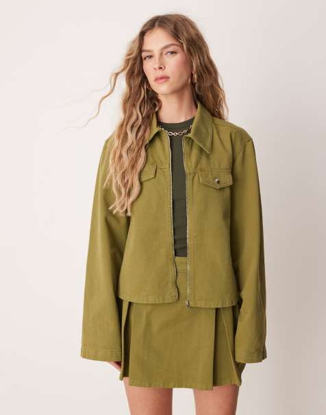 ASOS DESIGN cropped denim jacket with zip front co-ord in olive green co-ord - view 1