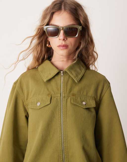 ASOS DESIGN cropped denim jacket with zip front co-ord in olive green co-ord