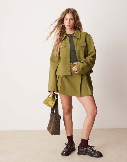 ASOS DESIGN cropped denim jacket with zip front co-ord in olive green co-ord