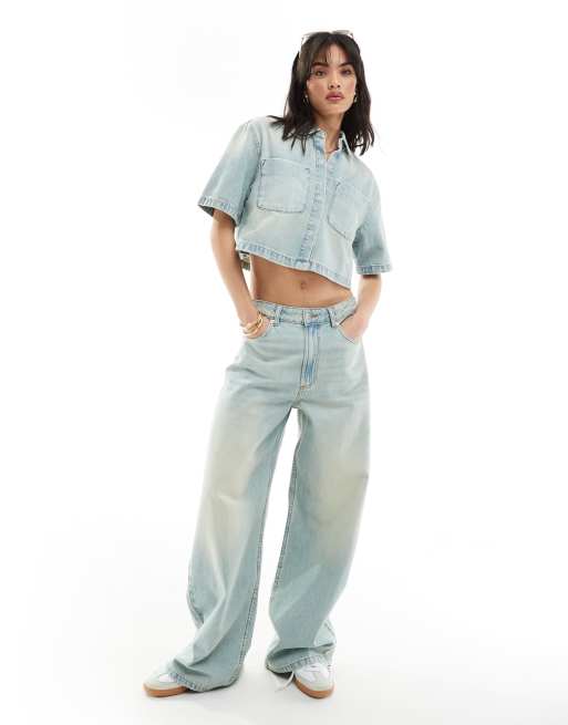 ASOS DESIGN - Cropped denimskjorte i vintage-blå - Del af sæt , 2 af 4
