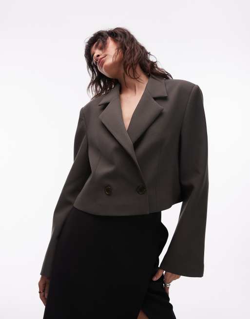 ASOS DESIGN cropped double breasted blazer in khaki, 2 of 4