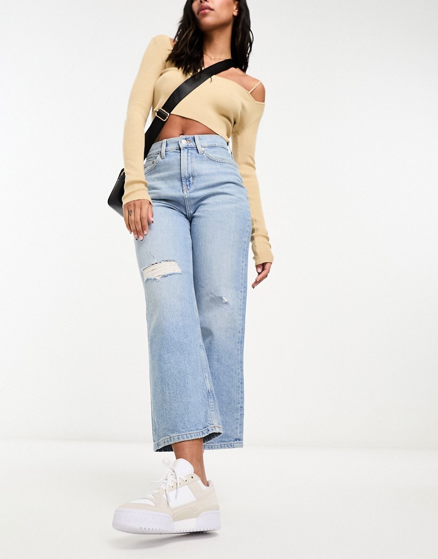 Asos Design Cropped Easy Straight Jeans In Light Blue With Rips