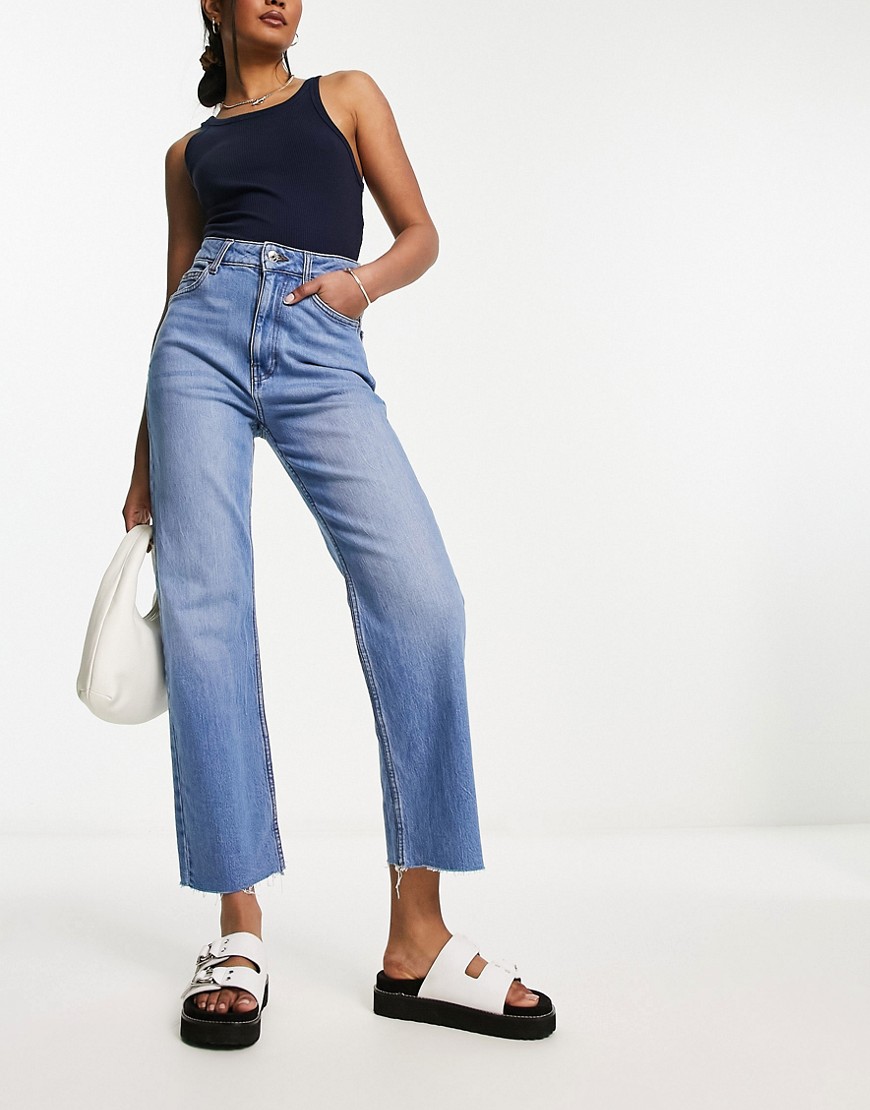 Asos Design Cropped Easy Straight Jeans In Mid Blue