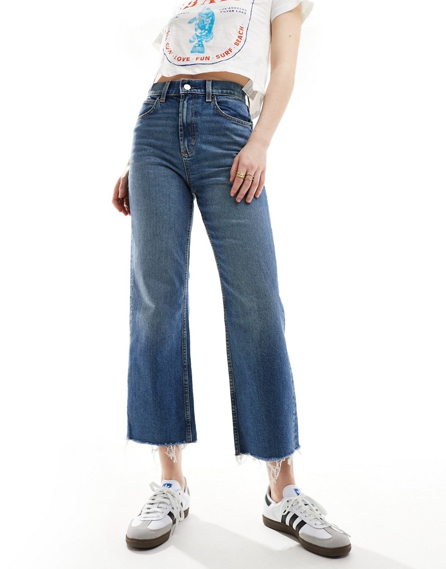 Asos Design Cropped Easy Straight Leg Jeans In Dark Mid Blue