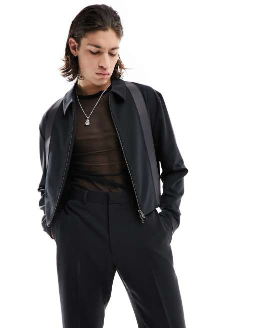 ASOS DESIGN - Cropped, elegant Harrington-jakke med PU-kant i sort i slim fit - Del af sæt