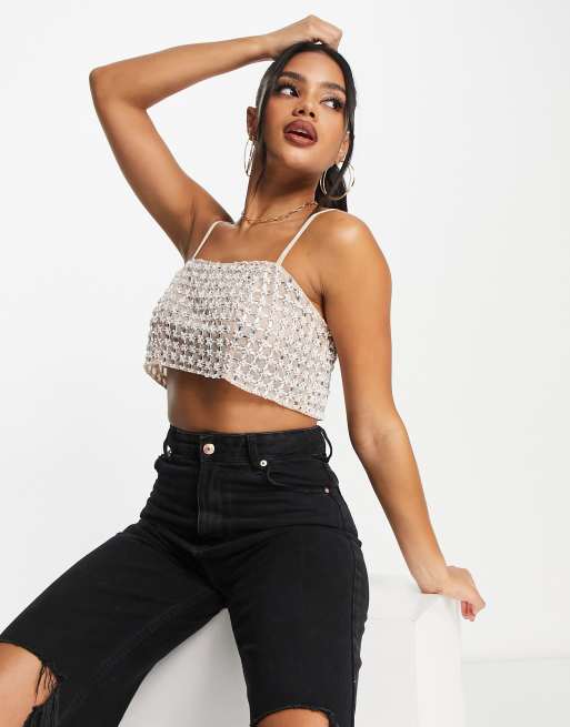 Free People embellished cami top in black and silver