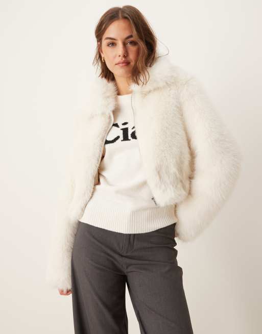 ASOS Design Cropped Faux Fur Bomber Jacket in Cream Black