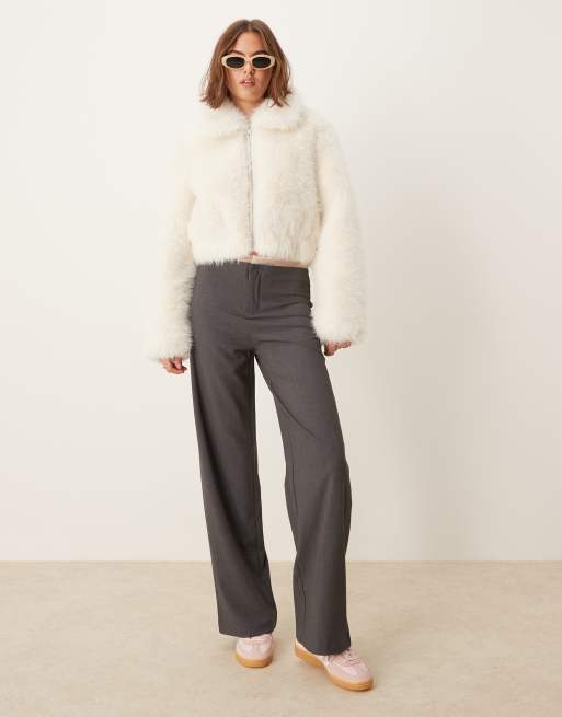 ASOS Design Cropped Faux Fur Bomber Jacket in Cream Black